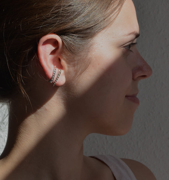 Stylish with stacked earrings ethically made in recycled silver with rhodium plating.