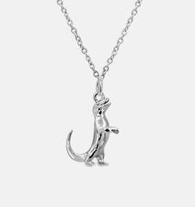 One of a kind sculptural komodo dragon silver pendant with sterling silver chain and rhodium plating.
